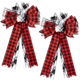 2ooya 2Pcs Christmas Wreath Bows Christmas Tree Topper Bows with Buffalo Plaid Pattern Xmas Black Red White Wreath Bow Outdoor Ornaments Home Stair Decorations Gift for Christmas,11.8 x 19.7 inch