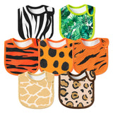 2ooya 7Pcs Cotton Waterproof Baby Bib Jungle Safari Zoo Animal Print Baby Bib for Unisex Adjustable Hook Loop Closure Baby Bib Keepsake Gift for Drooling Feeding Eating Teething(6-12 Months)