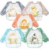 5Pcs Long Sleeved Bib for Babies Toddlers Jungle Animals Pattern Waterproof Sleeved Bib with Great Capacity Pocket Cartoon Elephant Lion Giraffe Cow Zebra Infants Feeding Bibs Gift for Age 6-36 Months