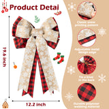 2ooya 2Pcs Christmas Wreath Bows Christmas Tree Topper Bows with Snow Pattern Xmas Black Red Gold Buffalo Plaid Wreath Bow Outdoor Home Stair Decorations Gift for Christmas(11.8 x 19.7 inch)