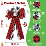 2ooya 2Pcs Christmas Wreath Bows Christmas Tree Topper Bows with Buffalo Plaid Pattern Xmas Black Red White Wreath Bow Outdoor Ornaments Home Stair Decorations Gift for Christmas,11.8 x 19.7 inch