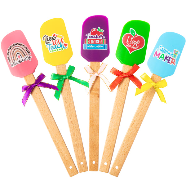 5PCS Silicone Spatulas Teacher Appreciation Gifts Thank You Teacher Theme Spatula with Bow Wooden Handle Kitchen Spatula Set Cakes Pastry Baking Mixing Spatulas Thanksgiving New Year Gifts for Teacher