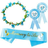 Blue and Gold Mommy to Be Sash Kit Gender Reveals Party Floral Garland Crown with Daddy to Be Tinplate Badge Combo Decor Supplies Favors for Boys Baby Shower Party Photo Prop Gift