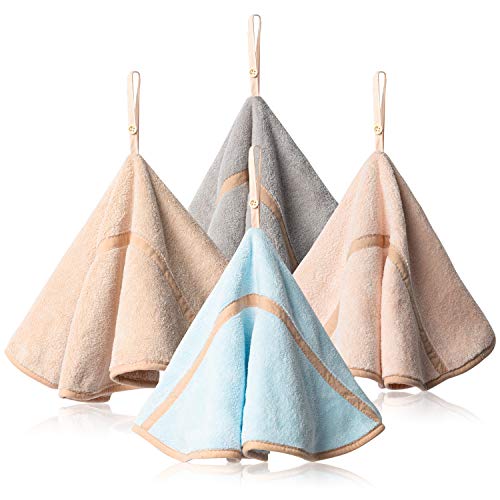 4Pcs Hanging Hand Towels with Hanging Loop Absorbent Coral Fleece Round Hand Towels Soft Thick Dish Wipe Cloth Hand Fast Drying Towels for Kitchen Bathroom