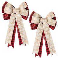 2ooya 2Pcs Christmas Wreath Bows Christmas Tree Topper Bows with Snow Pattern Xmas Black Red Gold Buffalo Plaid Wreath Bow Outdoor Home Stair Decorations Gift for Christmas（11.8 x 19.7 inch）