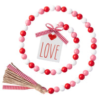 2ooya Valentine's Day Wood Beads Garland 41.2 Inch Valentines Rustic Red Pink Wood Bead with Jute Rope Plaid Love Tag Farmhouse Wood Beads Tiered Tray Décor for Valentine Party