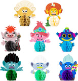 ANGOLIO 8Pack Troll Honeycomb Centerpiece Kit 3D Paper Fans Troll Themed Birthday Party Favor Decorations Baby Shower Photo Booth Props Table Topper Party Supplies for Kids Adults