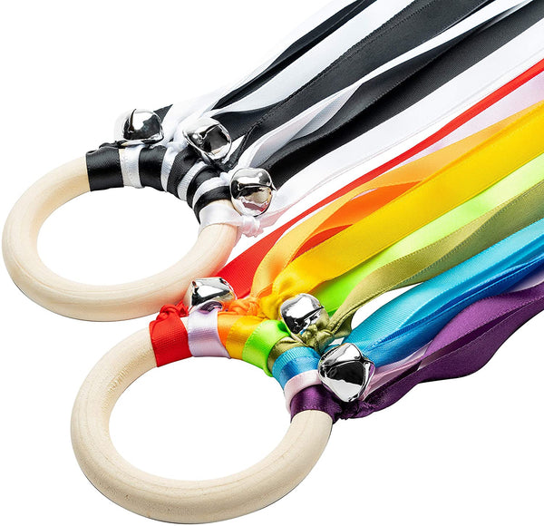 Rainbow Wind 2P Ribbon Hand Kite Toy, Including Rainbow Black&White Ribbon Wind Wand Toy Baby Sensory Toy Infants Wooden Toy Toddler Waldorf Toy Montessori Toy for Baby Shower Birthday Party Favors