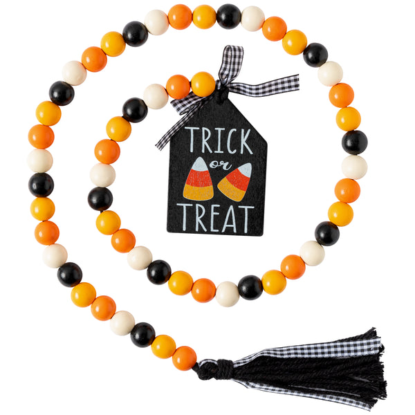 Halloween Wood Bead Garland Halloween Candy Corn Wooden Bead Garland with Tassel Trick or Treat Tag Halloween Rustic Farmhouse Hanging Tiered Tray Decor for Halloween Party Home Table Mantelpiece