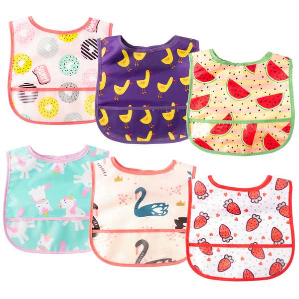 6Pcs Baby Feeding Bibs Waterproof Toddler Bib Set with Crumb Catcher Pocket Infant Adjustable Baby Teething Bib Babies Sleeveless Colorful Fruits Food Bibs Keepsake Gift for Baby Shower, 6-24 Months