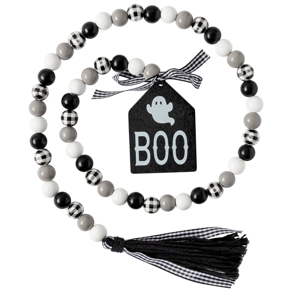 Halloween Wood Bead Garland Halloween Ghost Garland with Cotton Rope Plaid Tassel Boo Tag  Halloween Farmhouse Hanging Tiered Tray Decor for Halloween Horror Movie Lover Party Home Table Mantelpiece