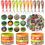 84Pcs Camping Return Party Supplies Kit, Camping Party Favors All-in-One Pack Party Supplies Include Camping Stickers Camper keychain Camping Badge Happy Camping Wristband for teen Birthday Party