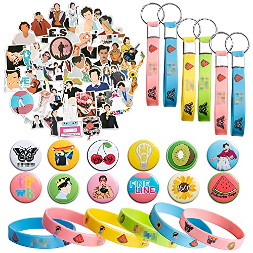 Fiupan 74Pcs Harry Party Favors Bracelets Keychains Button Pins Stickers Harry Theme Watermelon Sugar Fine Line Birthday Party Supplies Goodies Bags Gift for Kids Adults