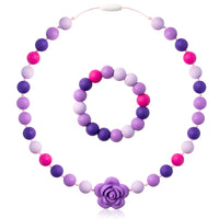 2Pcs Babies Sensory Chew Bracelet Necklace Silicone Chewable Jewelry Purplu Rose Chewy Teether Beads for Autism ADHD SPD Biting Oral Motor Teething Pendant Toy Baby Shower Christmas Gift