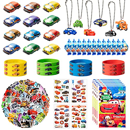 ANGOLIO Race Cars Party Supplies Kit, Lightning McQueen Party Favors All-in-one Package Party Supplies Including Cartoon Tattoo Stickers Mini Model Cars Bracelet Goodie Bag, 122Pcs