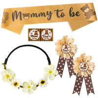 Brown Bear Mommy to Be Sash Kit Bear Gender Reveals Party Floral Garland Crown with Daddy to Be Tinplate Badge Combo Decor Supplies Favors for Boys Baby Shower Party Photo Prop Gift