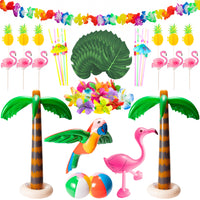 55Pcs Hawaiian Party Toys Set Include 6Pcs Inflatable Palm Tree Flamingo Beach Ball Parrot Beach Pool Toys 49Pcs Tropical Hawaiian Luau Jungle Party Decoration Tropical Summer Party Supplies Favors