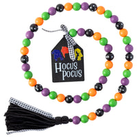 Halloween Wood Bead Garland 41.3 inches Hocus Pocus Wood Bead Garland with Jute Rope Plaid Tassel Hocus Pocus Tag Farmhouse Wood Beads Natural Fall String Hanging Décor for Nursery Room
