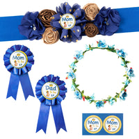 Royal Prince Baby boy Maternity Sash Mom to Be & Dad to Be Corsage Blue Clementine Flower Crown Pregnancy Sash Decoration African American Prince Baby Shower Kit Party Photo Prop Gift