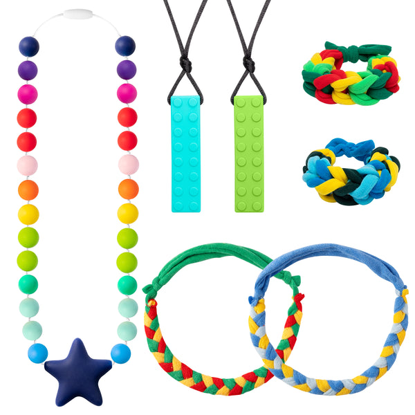 7Pcs Sensory Chew Necklace Bracelet for Boys and Girls Fabric Necklace Bracelet Silicone Chewable Jewelry Pendant Teether Necklace Beads for Autism ADHD SPD Baby Oral Motor Chewing Biting Teething Toy