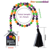 Halloween Wood Bead Garland 41.3 inches Hocus Pocus Wood Bead Garland with Jute Rope Plaid Tassel Hocus Pocus Tag Farmhouse Wood Beads Natural Fall String Hanging Décor for Nursery Room