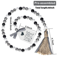 2ooya 40inch Black&White Plaid Wood Bead Garland with Tassel Rustic Farmhouse Tiered Tray Decorations Country Rustic Wall Hanging Decor Natural Wood Bead Decoration for Home Winter Christmas