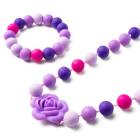 2Pcs Babies Sensory Chew Bracelet Necklace Silicone Chewable Jewelry Purplu Rose Chewy Teether Beads for Autism ADHD SPD Biting Oral Motor Teething Pendant Toy Baby Shower Christmas Gift