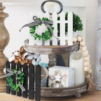 2Pcs Farmhouse Wooden Picket Fence Tiered Tray Decoration Frame Black&White Plaid Mini Wooden Fence Shaped Sign Decor Summer Rustic Wooden Sign Decoration for Home Kitchen Shelf Photo Prop