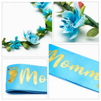 Blue and Gold Mommy to Be Sash Kit Gender Reveals Party Floral Garland Crown with Daddy to Be Tinplate Badge Combo Decor Supplies Favors for Boys Baby Shower Party Photo Prop Gift