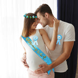 Blue and Gold Mommy to Be Sash Kit Gender Reveals Party Floral Garland Crown with Daddy to Be Tinplate Badge Combo Decor Supplies Favors for Boys Baby Shower Party Photo Prop Gift