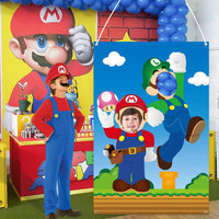 Mario Brother Photo Booth Props Photography Backdrops , 39.7 x 59 inch Mario Brother Photo Door Banner, Mario brother Banner with Rope, Mario brother Themed Party Decoration Supplies Party Favors