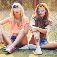WATINC 7Pcs Hippie Costume Set Round Hippie Sunglasses Sunflower Headband Peace Sign Necklace Rainbow Tie Dye Headband 60s 70s Retro Hippie Dressing Accessories for Women Men