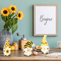 3Pcs Bee Sunflower Gnome Wooden Sign Honeybee Gnome Wooden Freestanding Table Decor Double Printed Gnome Tabletop Centerpiece Ornament Decoration for Summer Beach Home Office Party